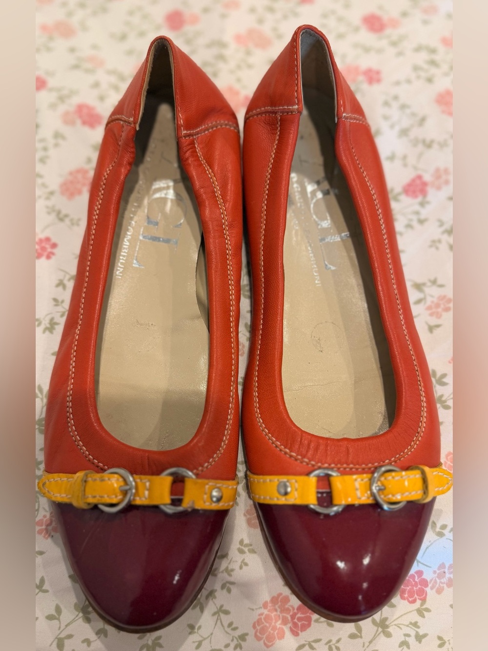 Agl Orange Leather Ballet Flats with Burgundy Patent Toe and Yellow Strap
